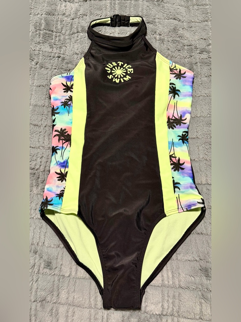Justice Girls Tropical Palm Tree Halter High-Neck One-Piece Swimsuit - New